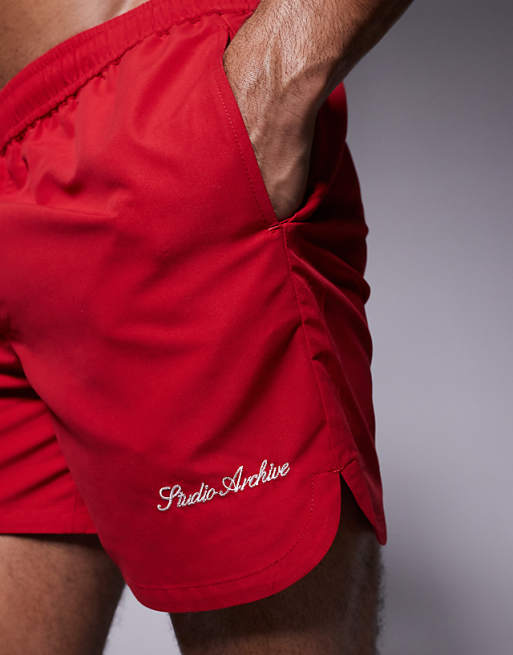 DESIGN Swim Shorts In Mid Length With Embroidery In Red
