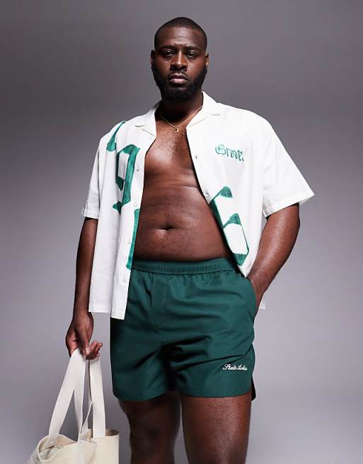 DESIGN Swim Shorts In Mid Length With Embroidery In Green