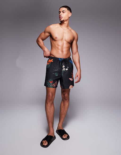 DESIGN Swim Shorts In Mid Length With Floral Print In Black