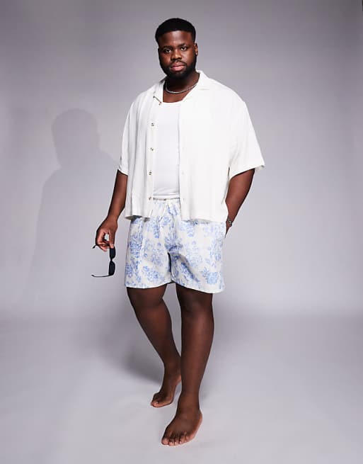 DESIGN Swim Shorts In Mid Length With Floral Print In Blue