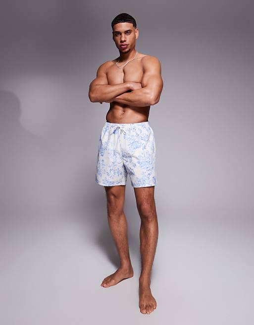 DESIGN Swim Shorts In Mid Length With Floral Print In Blue