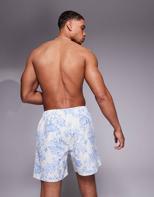 DESIGN Swim Shorts In Mid Length With Floral Print In Blue