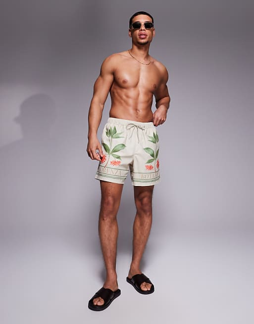 DESIGN Swim Shorts In Mid Length With Placement Print In Beige
