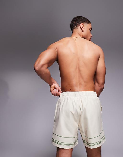 DESIGN Swim Shorts In Mid Length With Placement Print In Beige