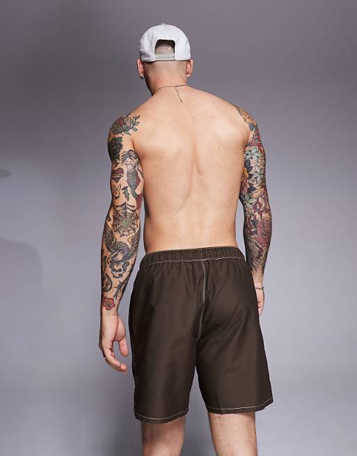 DESIGN Swim Shorts In Mid Length With Sun Embroidery In Brown