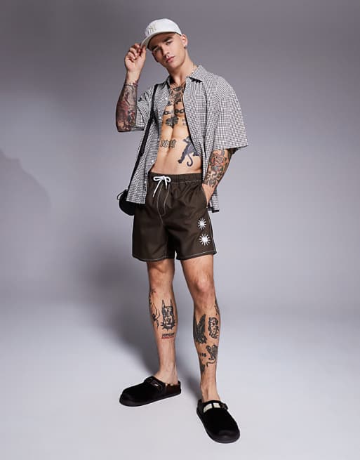 DESIGN Swim Shorts In Mid Length With Sun Embroidery In Brown