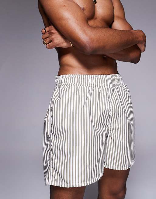 DESIGN Swim Shorts In Short Length In Beige Stripe