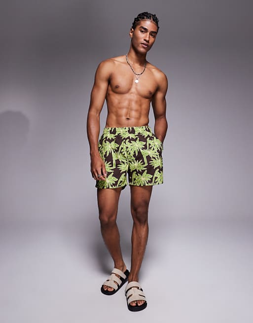 DESIGN Swim Shorts In Short Length In Brown Palm Tree Print