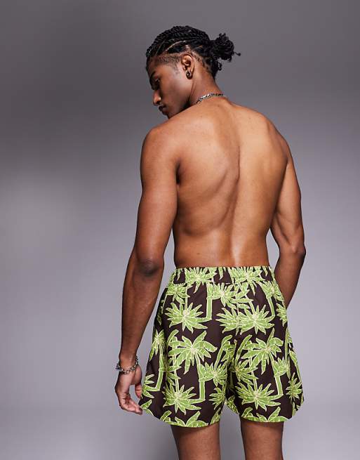 DESIGN Swim Shorts In Short Length In Brown Palm Tree Print
