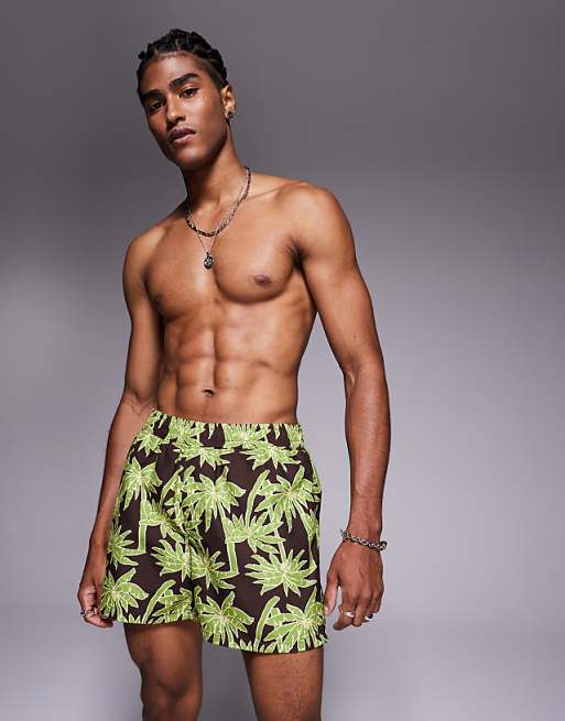 DESIGN swim shorts in short length in brown palm tree print