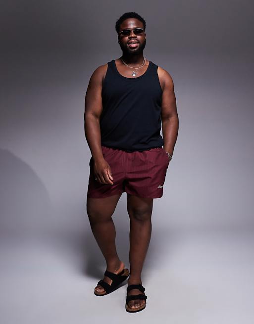 DESIGN Swim Shorts In Short Length In Burgundy Stripe With Placement Print
