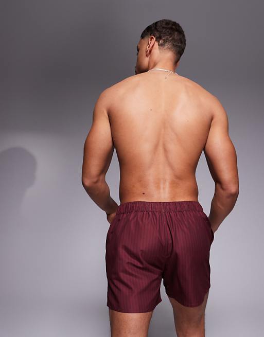DESIGN Swim Shorts In Short Length In Burgundy Stripe With Placement Print