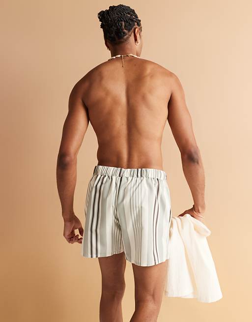 DESIGN Swim Shorts In Short Length In Cream Stripe With Placement Print