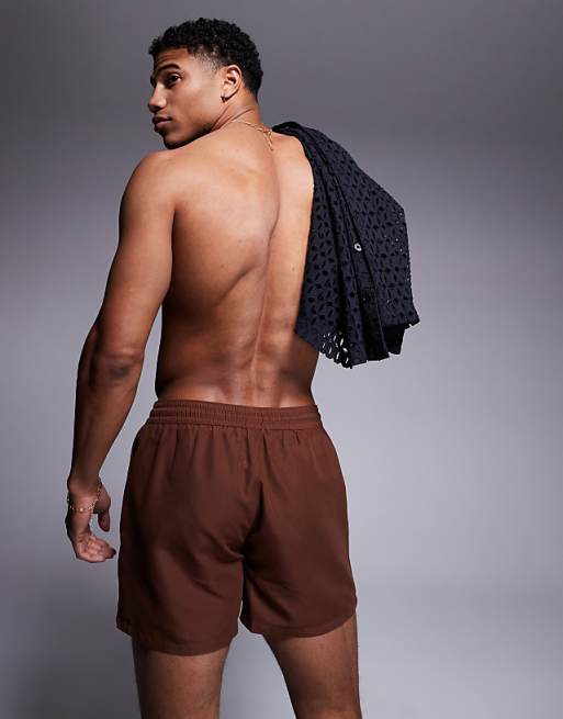DESIGN Swim Shorts In Short Length In Dark Brown