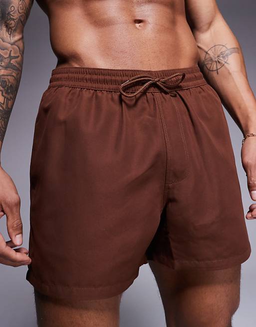 DESIGN Swim Shorts In Short Length In Dark Brown