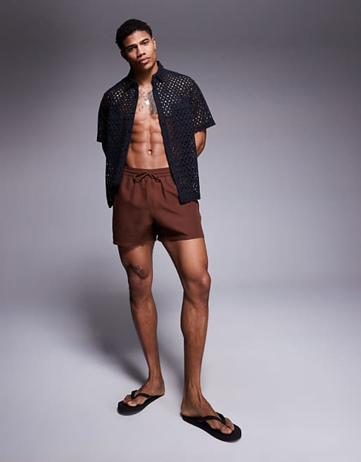 DESIGN Swim Shorts In Short Length In Dark Brown