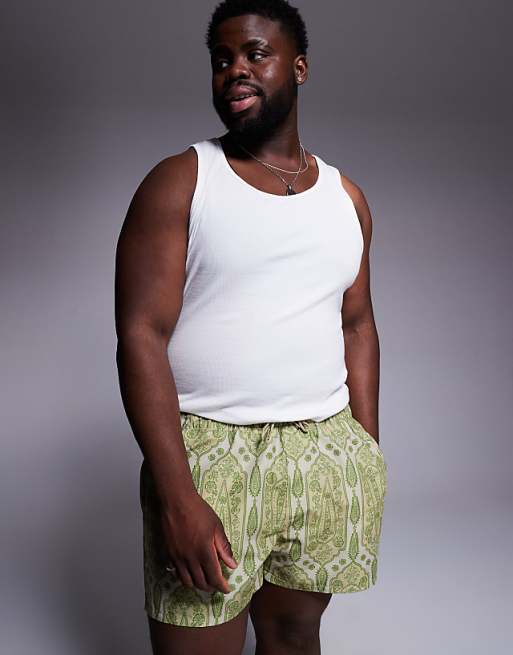 DESIGN Swim Shorts In Short Length In Green Paisley Print