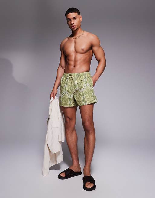 DESIGN Swim Shorts In Short Length In Green Paisley Print