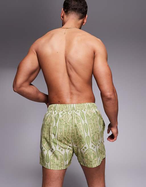 DESIGN Swim Shorts In Short Length In Green Paisley Print