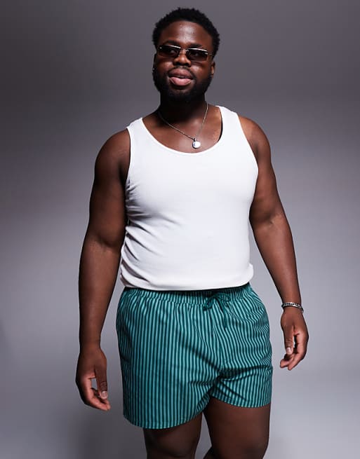 DESIGN Swim Shorts In Short Length In Green Stripe With Placement Print