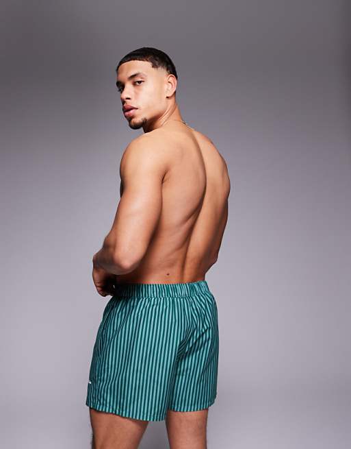 DESIGN Swim Shorts In Short Length In Green Stripe With Placement Print
