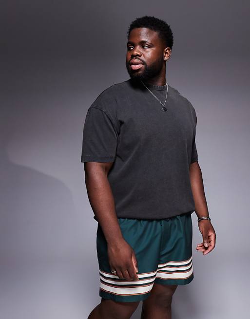 DESIGN Swim Shorts In Short Length In Green With Border Stripe