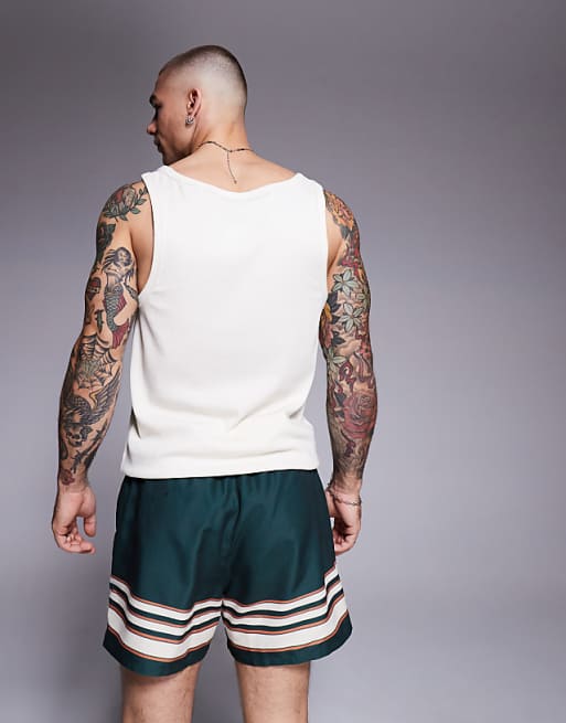 DESIGN Swim Shorts In Short Length In Green With Border Stripe