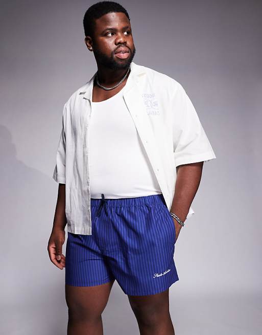 DESIGN Swim Shorts In Short Length In Navy Stripe With Placement Print
