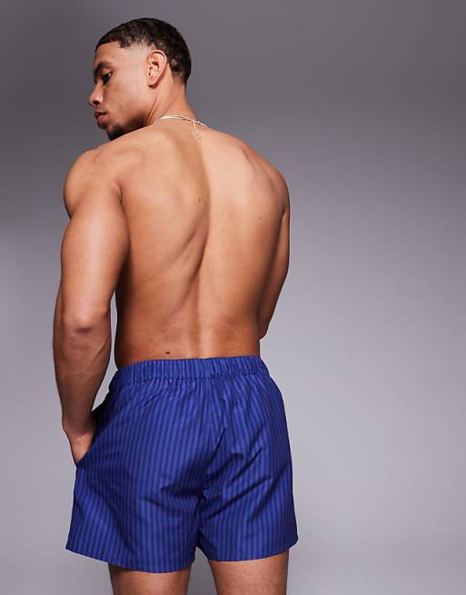 DESIGN Swim Shorts In Short Length In Navy Stripe With Placement Print
