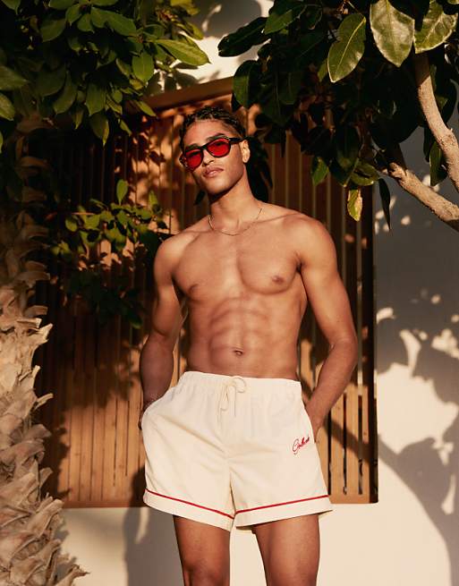 DESIGN Swim Shorts In Short Length In Neutral With Placement Embroidery