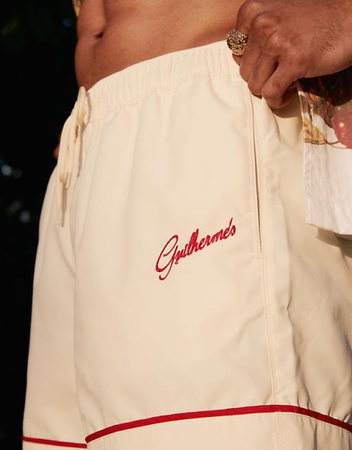 DESIGN Swim Shorts In Short Length In Neutral With Placement Embroidery