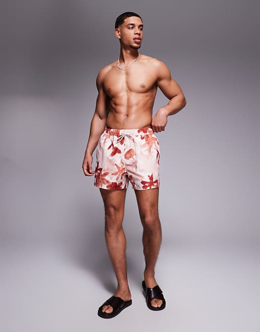 DESIGN Swim Shorts In Short Length In Pink Floral Print