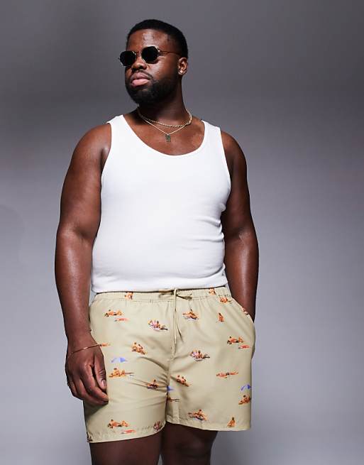DESIGN Swim Shorts In Short Length With Beach Print In Stone