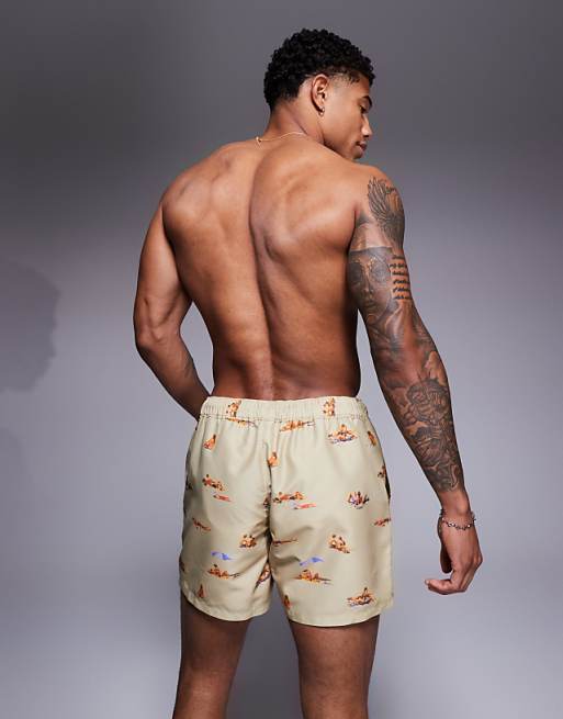 DESIGN Swim Shorts In Short Length With Beach Print In Stone
