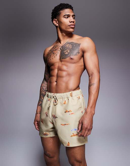 DESIGN swim shorts in short length with beach print in stone