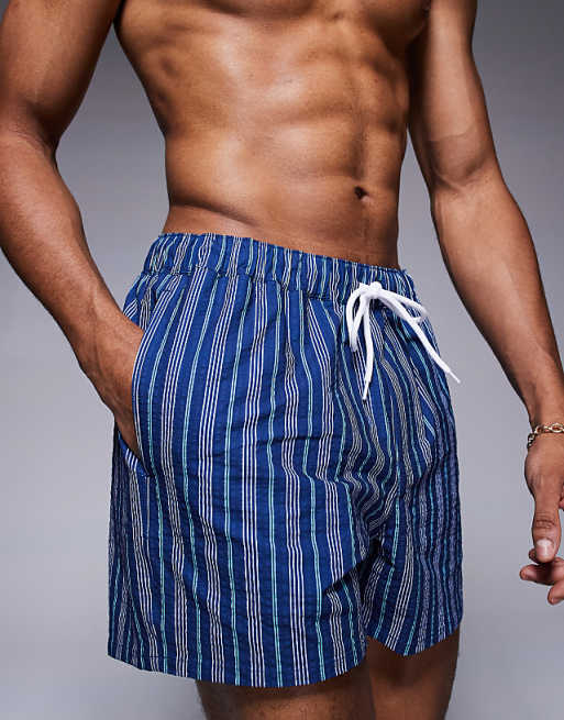 DESIGN Swim Shorts In Short Length With Blue Stripe