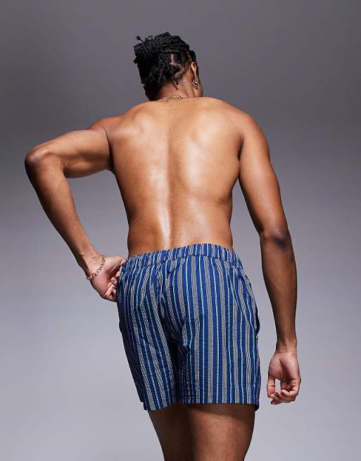DESIGN Swim Shorts In Short Length With Blue Stripe