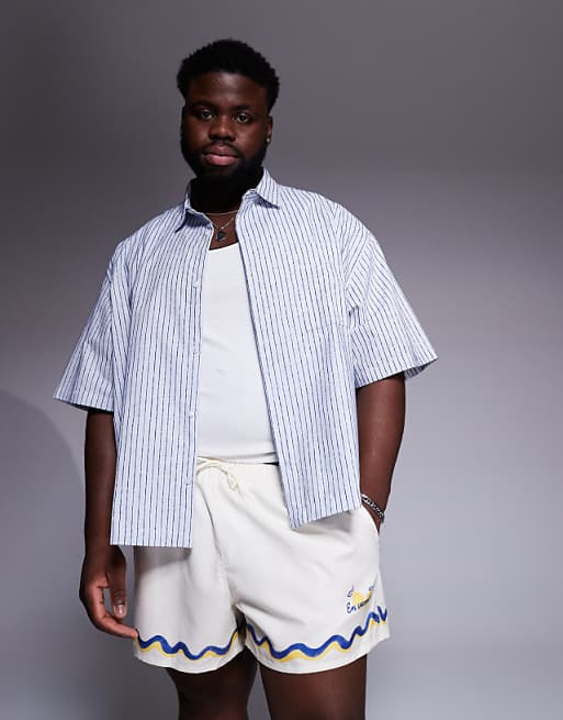 DESIGN Swim Shorts In Short Length With Border Print In Stone