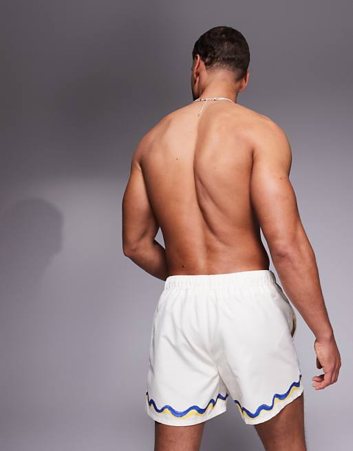 DESIGN Swim Shorts In Short Length With Border Print In Stone