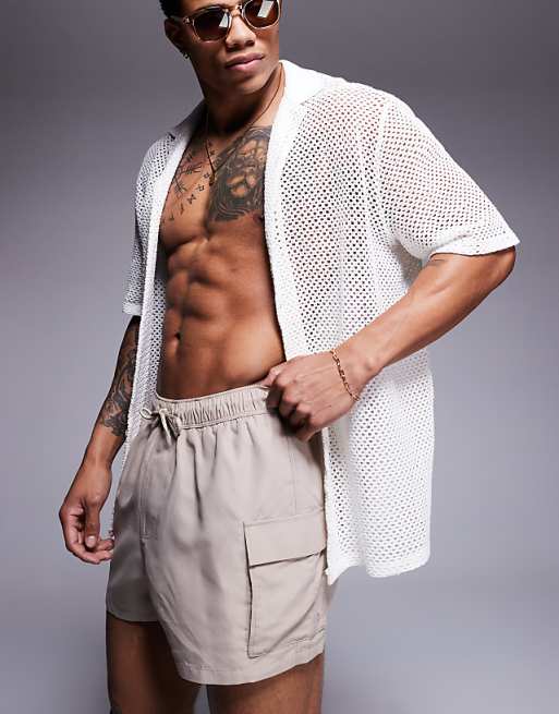 DESIGN Swim Shorts In Short Length With Cargo Pockets In Stone
