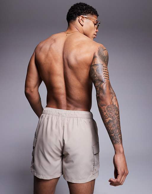 DESIGN Swim Shorts In Short Length With Cargo Pockets In Stone
