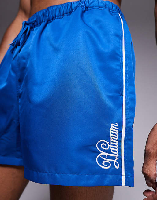 DESIGN Swim Shorts In Short Length With Embroidery In Blue