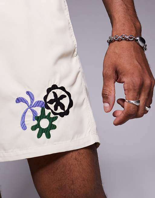 DESIGN Swim Shorts In Short Length With Embroidery In Neutral
