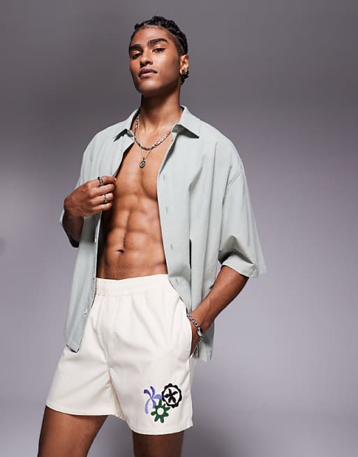 DESIGN Swim Shorts In Short Length With Embroidery In Neutral