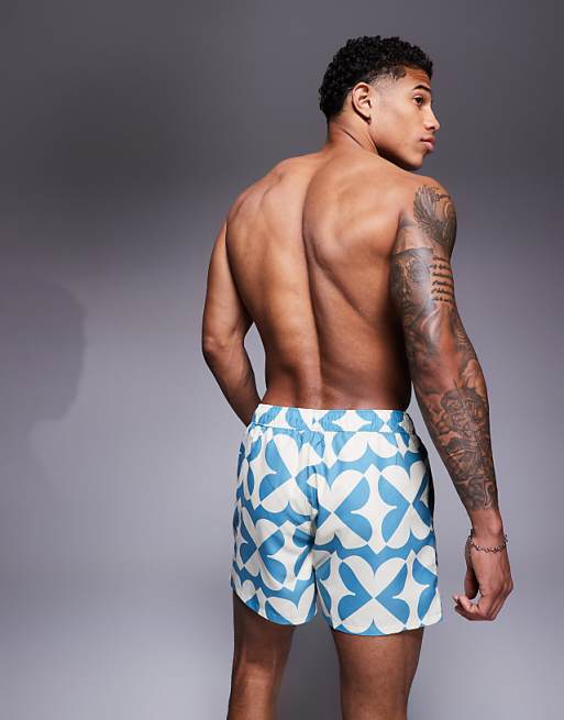 DESIGN Swim Shorts In Short Length With Geo Print In Blue