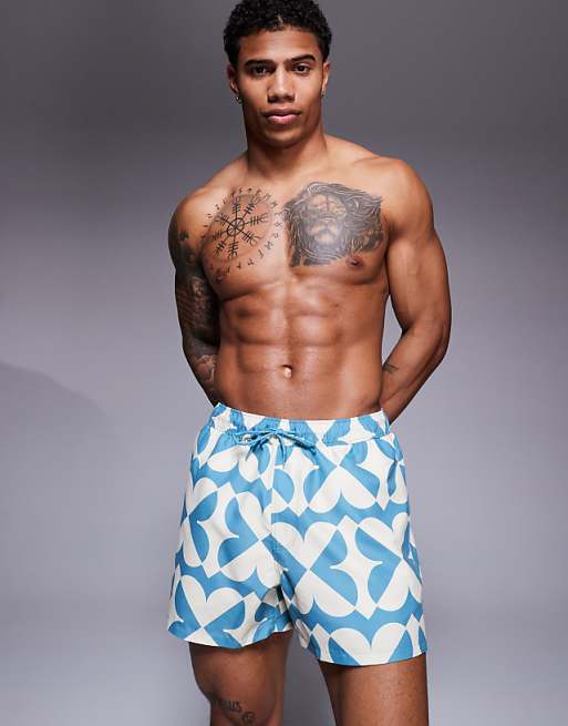 DESIGN Swim Shorts In Short Length With Geo Print In Blue