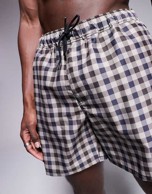 DESIGN Swim Shorts In Short Length With Gingham Check In Grey