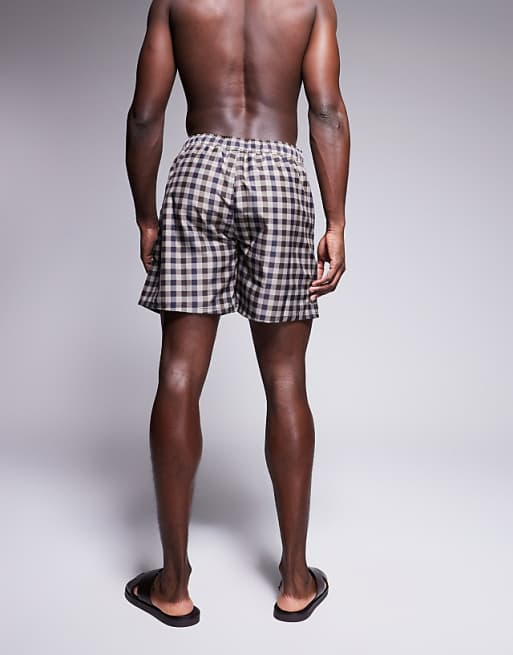 DESIGN Swim Shorts In Short Length With Gingham Check In Grey