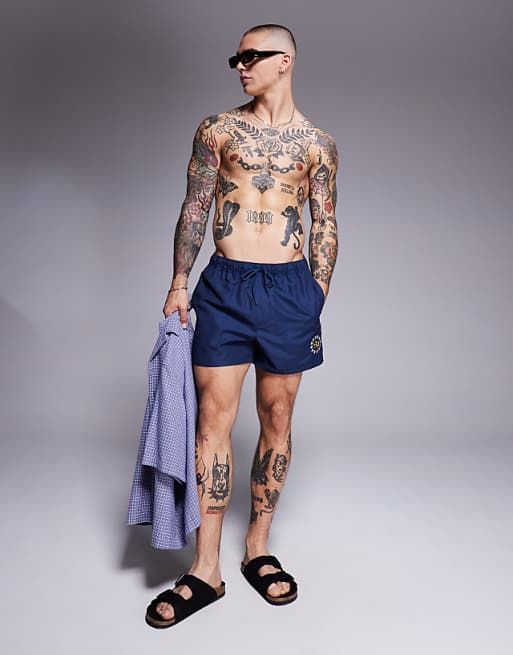 DESIGN Swim Shorts In Short Length With Placement Print In Navy
