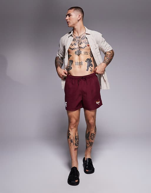 DESIGN Swim Shorts In Short Length With Placement Print In Burgundy